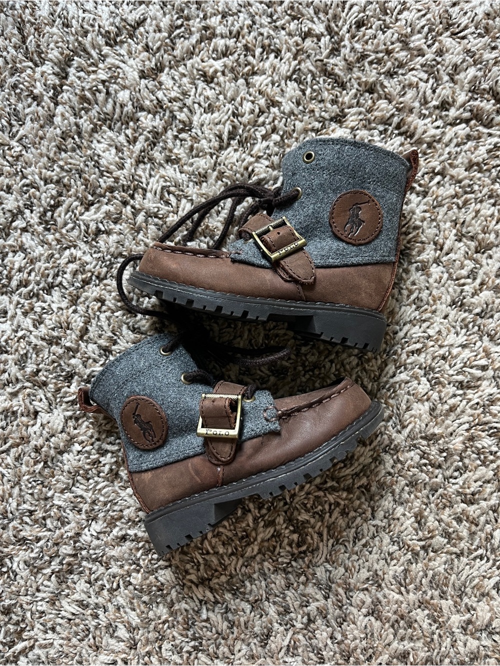 Polo by Ralph Lauren Brown Leather and Gray Felt Kids Lace-Up Boots